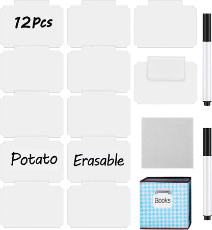 20 Basket Labels Clip On, Reusable Labels for Storage Bins, Removable Chalk Labels for Containers, Kitchen Closet Baskets and Storage Basket Holders with 2 White Chalk Markers