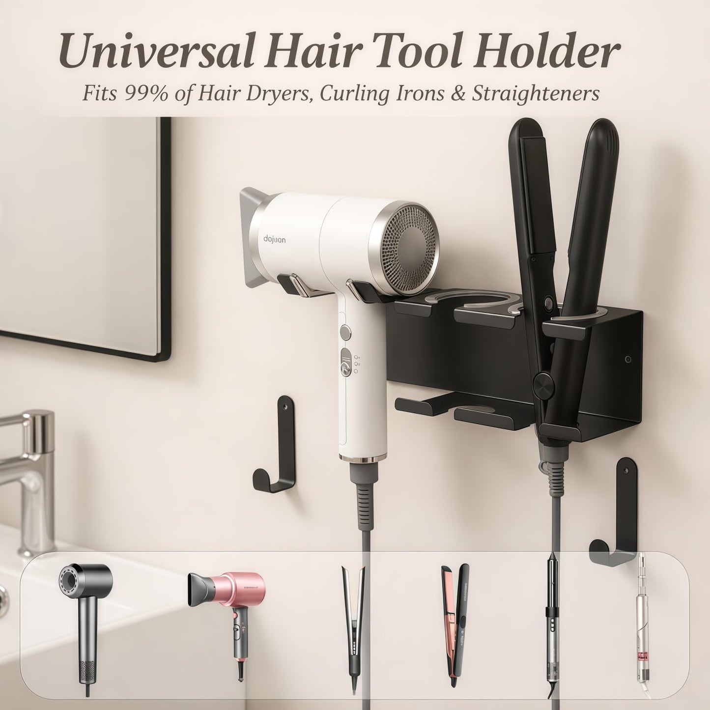 Hair Dryer Holder Wall Mounted, Stainless Steel Blow Dryer Holder for Bathroom, Hair Dryer and Straightener Holder Adhesive or Drilling, Hair Tool Organizer for Salon Barber Shops Banjekt