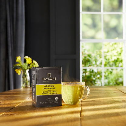 Taylors of Harrogate Organic Chamomile, Herbal Tea, Pillow Bags, 50 Count (Pack of 1), Mellow, Silky & Soft, Caffeine-Free, Enjoy Hot or Iced, 50 Teabags