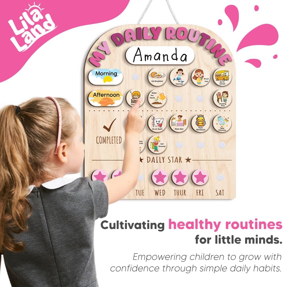 Wooden Daily Routine for Kids, Chore Chart for Toddler, Daily Responsibilities for Kids, Visual Schedule, Morning Bedtime Routine for Girls
