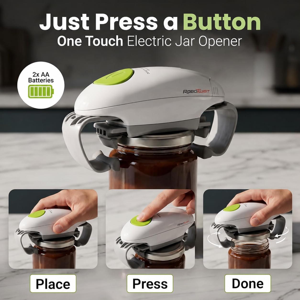 Robotwist Automatic Jar Opener Deluxe Model with Improved Torque | Electric, One Touch Hands Free for Seniors with Arthritis or Weak Hands, Fits All Jars 1.2–3.5 in