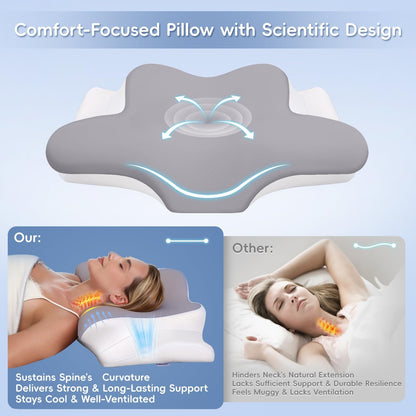 Cervical Neck Pillow, Memory Foam Pillows for Neck and Shoulder Pain Relief, 2 Heights Ergonomic Pillow with Breathable Ice Silk Cover, Neck Support Pillow for Side Sleepers White
