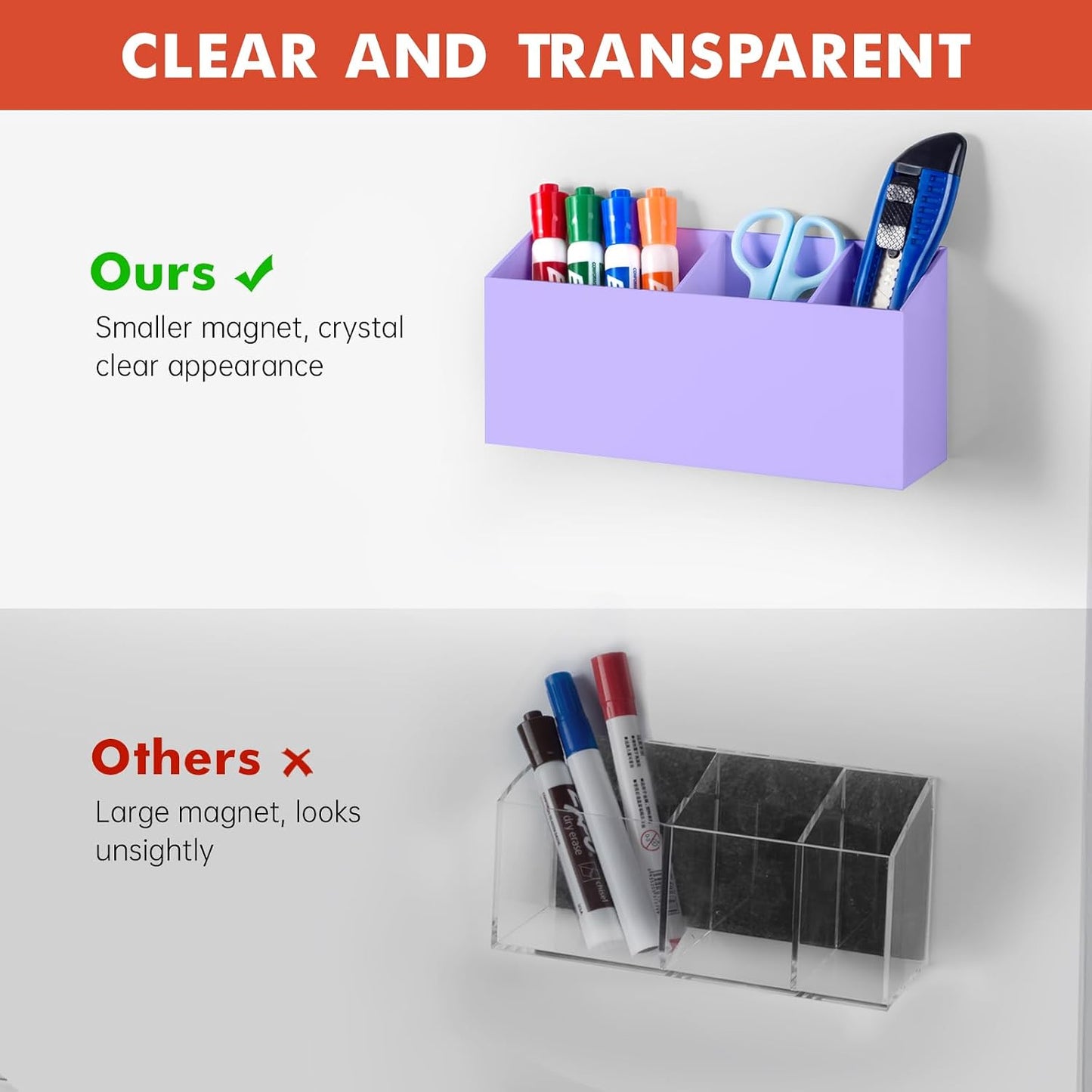 Magnetic Dry Erase Marker Holder for Whiteboard, Fridge, Classroom | Acrylic Magnet Pen Holder for Office, Refrigerator, Whiteboard Maker Holder for Teacher, Locker Organizer Accessories(Clear)