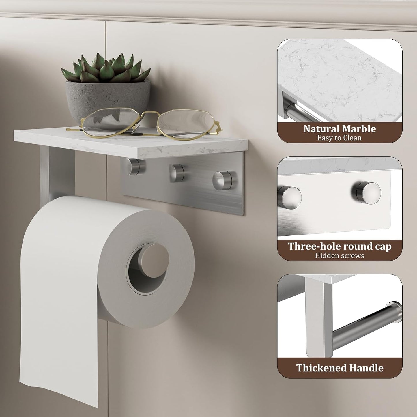 BWE Brushed Gold Toilet Paper Holder with Marble Shelf Wall Mounted | Toilet Paper Roll Holder with Phone Shelf 304 Stainless Steel Tissue Holder for Bathroom Washroom,Saving Space