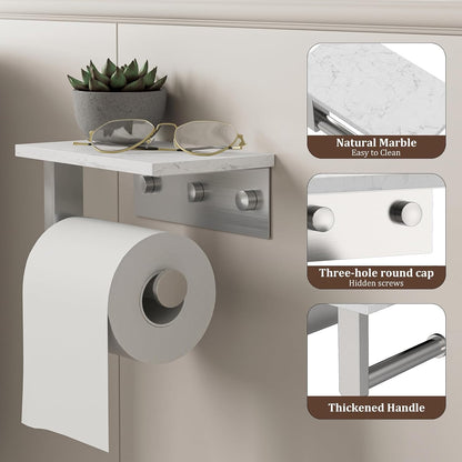 BWE Brushed Gold Toilet Paper Holder with Marble Shelf Wall Mounted | Toilet Paper Roll Holder with Phone Shelf 304 Stainless Steel Tissue Holder for Bathroom Washroom,Saving Space