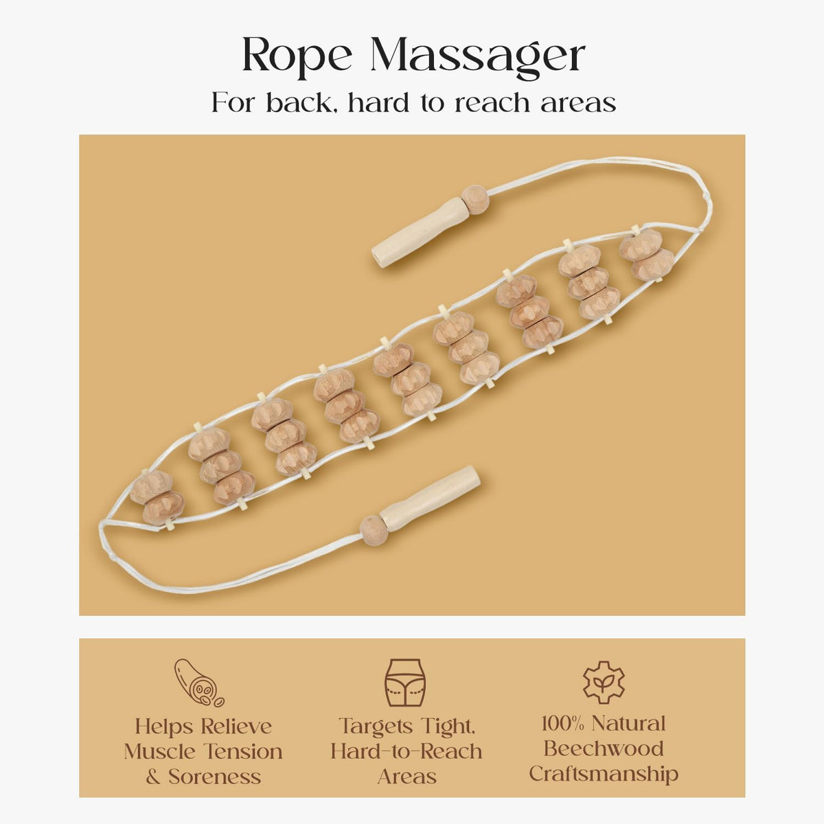 Mr.Woodware Rope Back Massager - 47.2 inches Lymphatic Drainage Massager Tool for Back, Neck, Legs, Waist, Body Pain Relief and Massage Therapy - Anti Cellulite Wooden Massage Roller for Maderoterapia