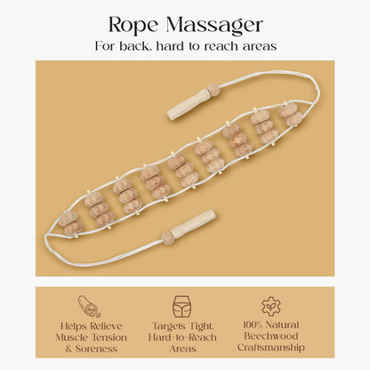 Mr.Woodware Rope Back Massager - 47.2 inches Lymphatic Drainage Massager Tool for Back, Neck, Legs, Waist, Body Pain Relief and Massage Therapy - Anti Cellulite Wooden Massage Roller for Maderoterapia