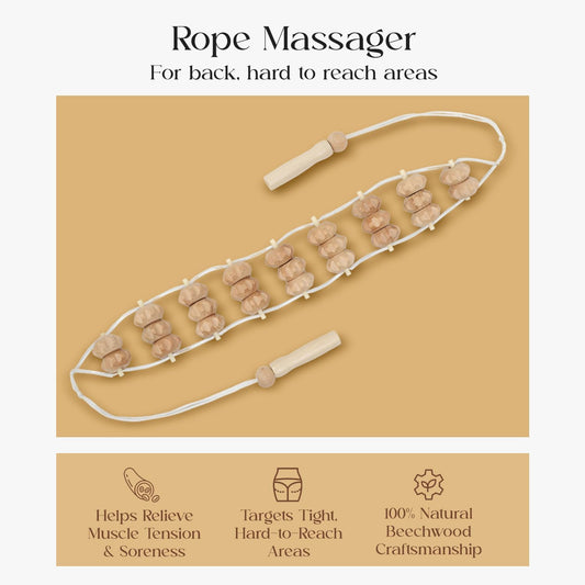 Mr.Woodware Rope Back Massager - 47.2 inches Lymphatic Drainage Massager Tool for Back, Neck, Legs, Waist, Body Pain Relief and Massage Therapy - Anti Cellulite Wooden Massage Roller for Maderoterapia