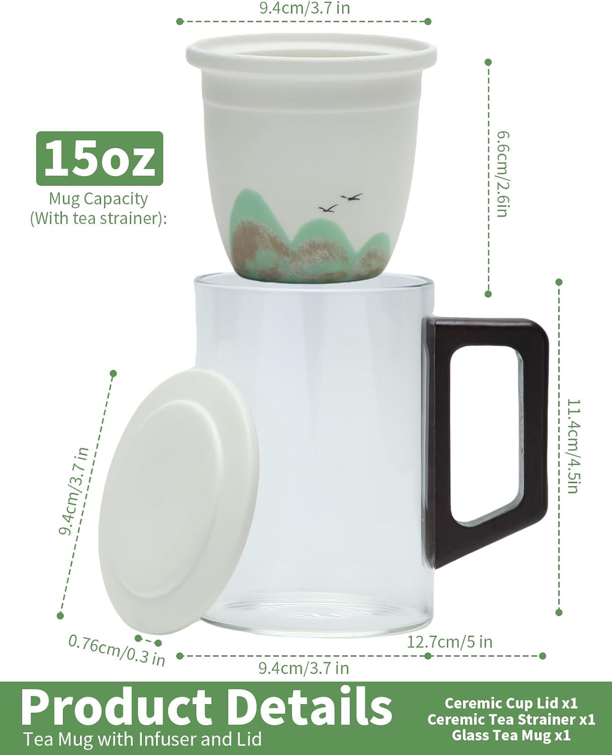Tea Mug with Infuser and Lid for Loose Leaf Tea, Premium Glass Cup with Ergonomic Wooden Handle, Embossed Oriental Mountain Ceramic Strainer, Unique Gift for Tea Lovers Men Women Black
