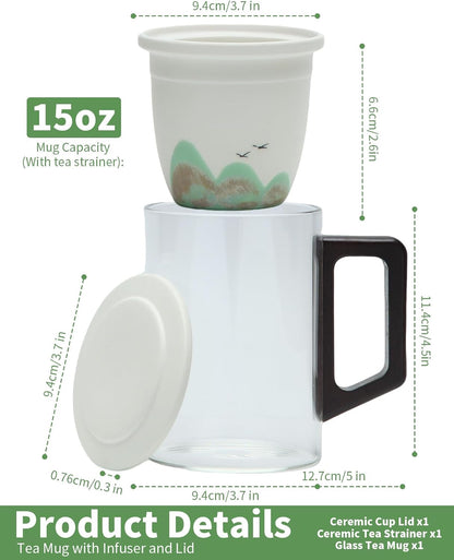 Tea Mug with Infuser and Lid for Loose Leaf Tea, Premium Glass Cup with Ergonomic Wooden Handle, Embossed Oriental Mountain Ceramic Strainer, Unique Gift for Tea Lovers Men Women Black