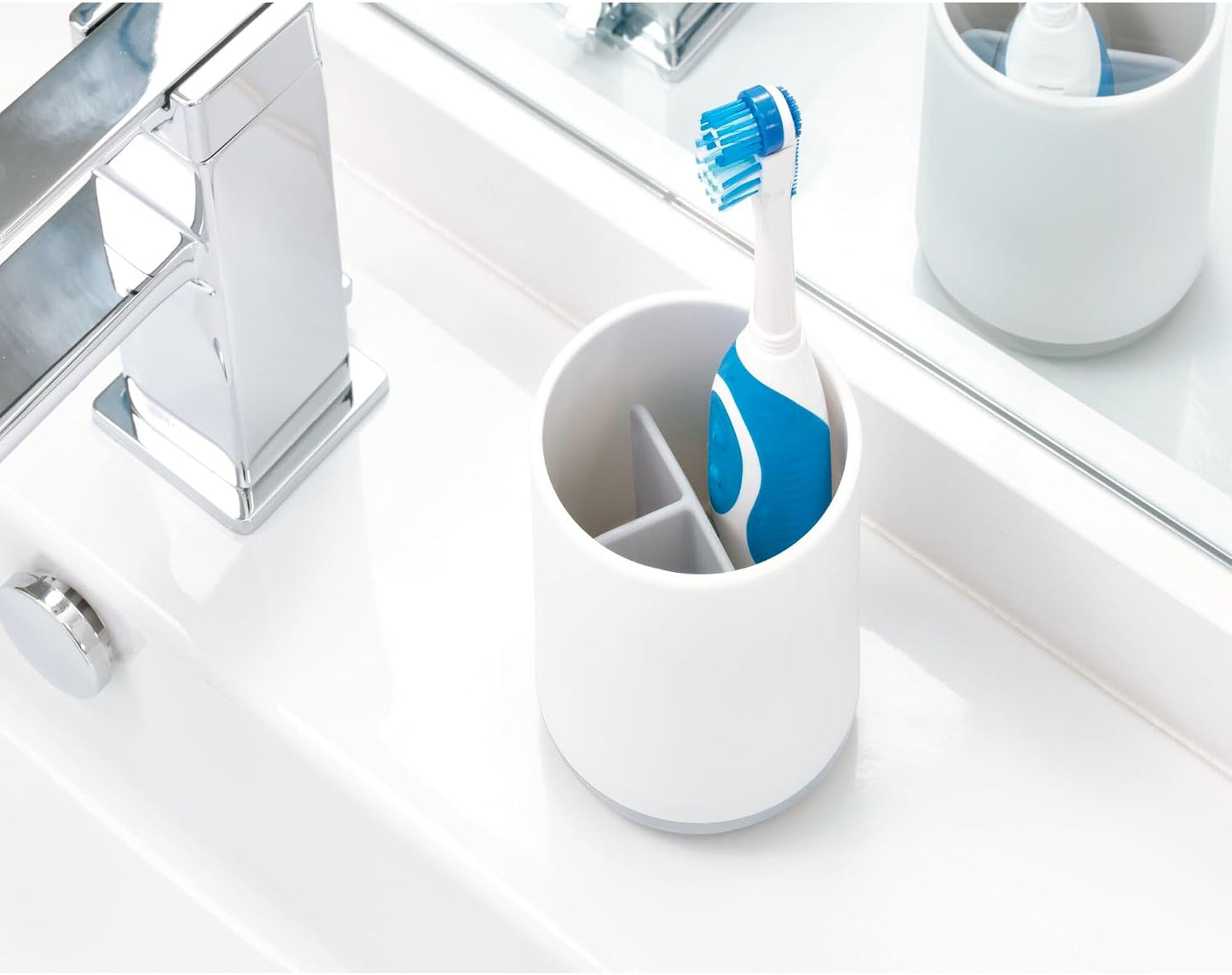 iDesign Cade Collection Toothbrush Holder, 3" x 3" x 4.5", White/Gray | For Normal Toothbrushes, For Spin Brushes, For Toothpaste