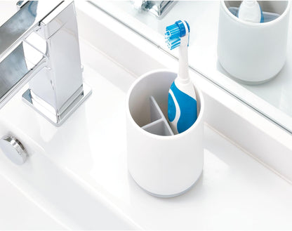 iDesign Cade Collection Toothbrush Holder, 3" x 3" x 4.5", White/Gray | For Normal Toothbrushes, For Spin Brushes, For Toothpaste