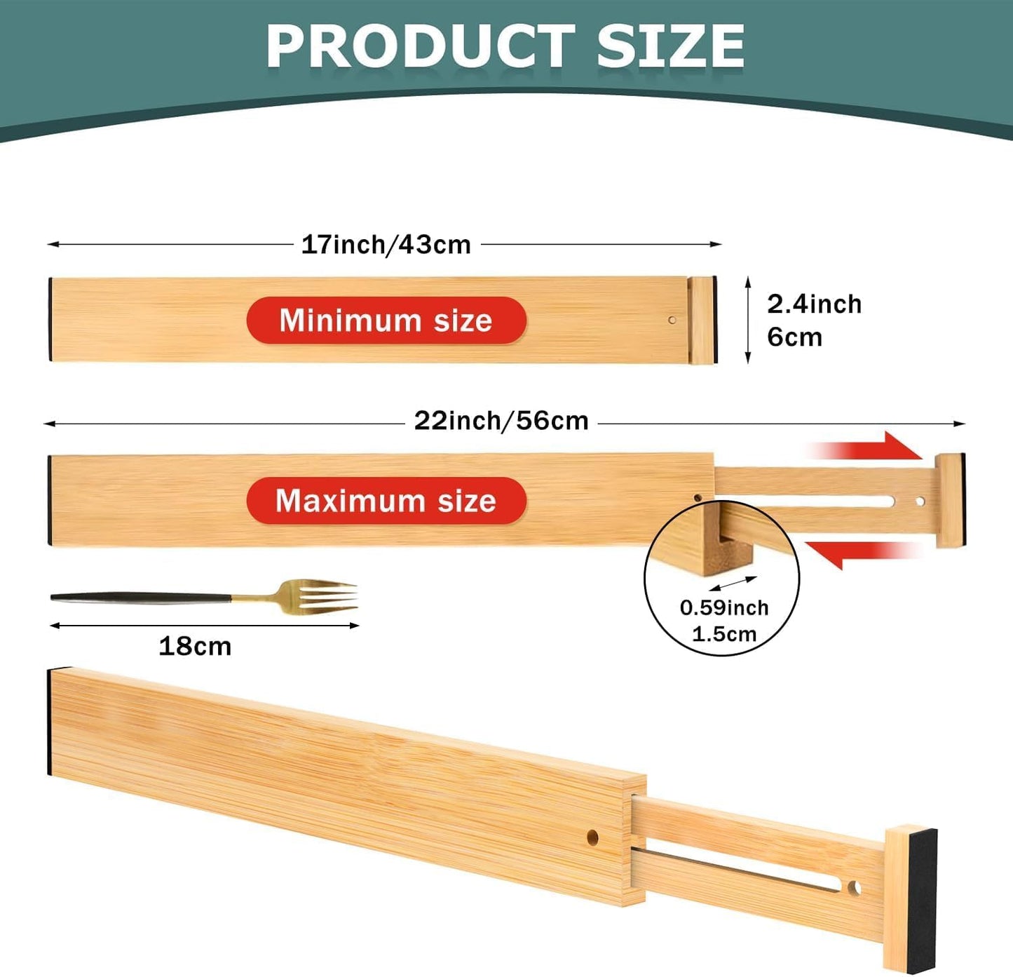 Kitchen Drawer Dividers 4 Pack Adjustable Bamboo Drawer Organizer | 17-22" Adjustable, Spring Loaded, Expandable Utensil Organizer, Works in Kitchen, Dresser, Bathroom, Bedroom, Closet