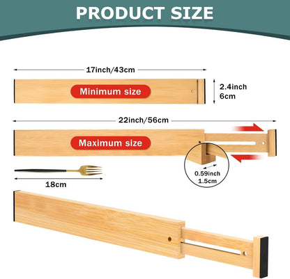 Kitchen Drawer Dividers 4 Pack Adjustable Bamboo Drawer Organizer | 17-22" Adjustable, Spring Loaded, Expandable Utensil Organizer, Works in Kitchen, Dresser, Bathroom, Bedroom, Closet