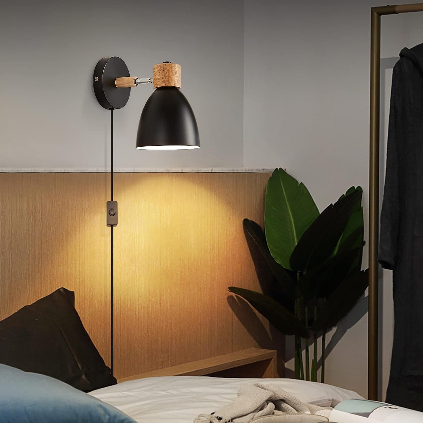 Wall Sconces Plug in, Swing Arm Wall Lamp with Power Cord, White Plug in Wall Lighting Fixtures Set of Two, Bedside Wall Mounted Reading Lamp with Switch, for Bedside Bedroom Hallway