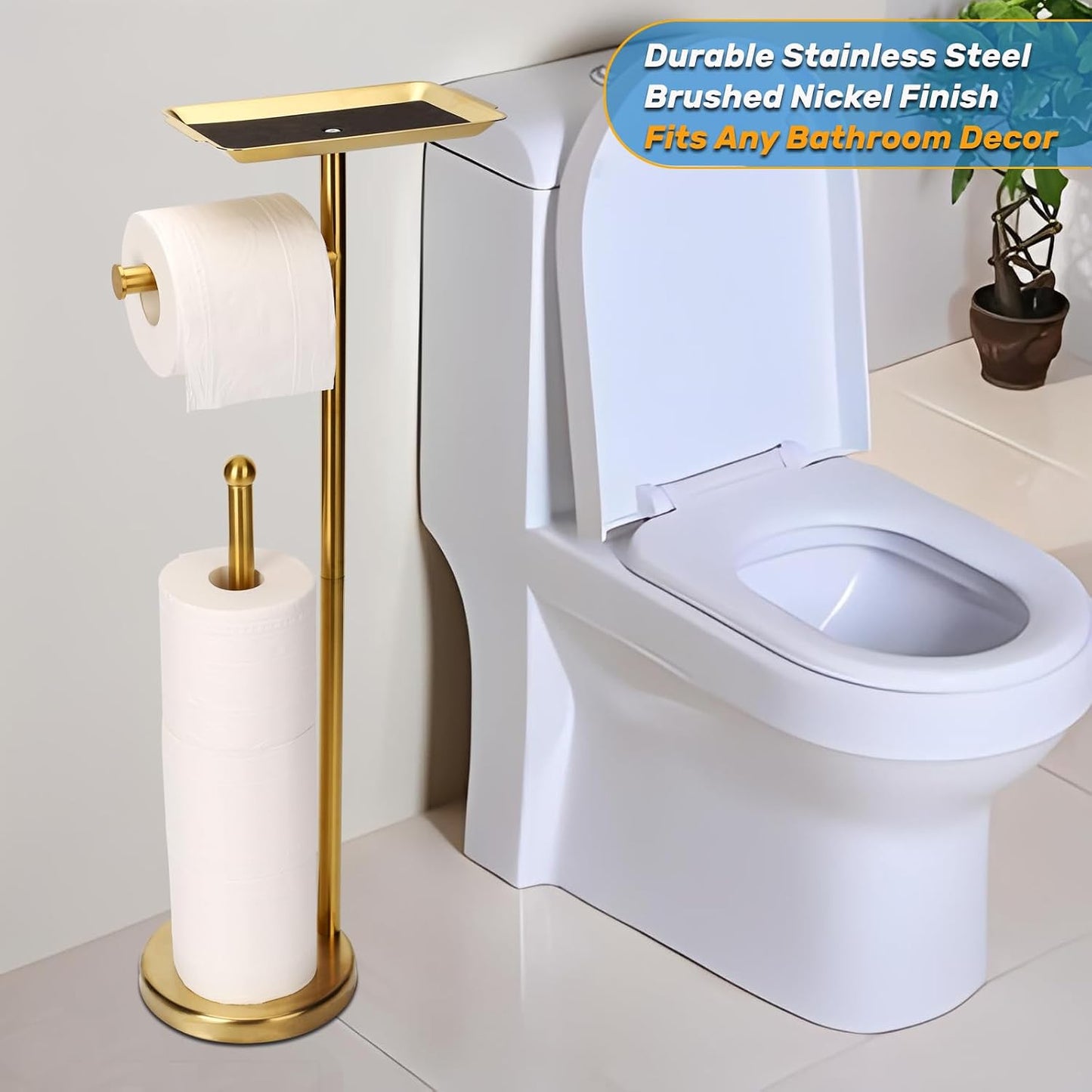 Exilon Toilet Paper Holder Stand for Bathroom Floor Freestanding Toilet Roll Dispenser Storages 4 Reserve Rolls, with Top Storage Shelf for Cell Phone (Brushed Nickel)