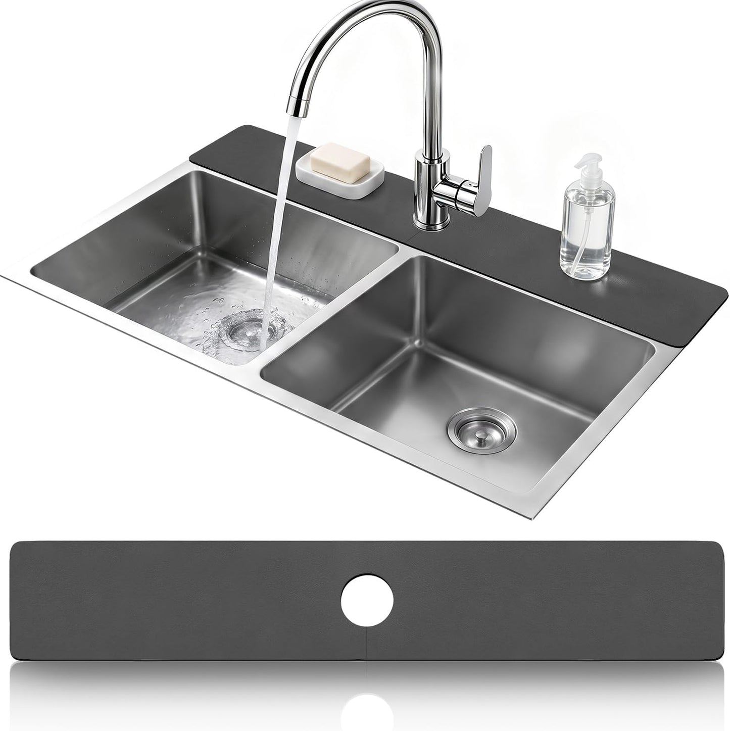 LOPNUR Cuttable Faucet Mat for Kitchen Sink, Extra Long 29 Inch, Black | Super Absorbent & Fast Dry Diatomite Sink Splash Guard, 0.8-2.4 Inch Adjustable Faucet Hole, Cut to Fit Bathroom & RV Sinks