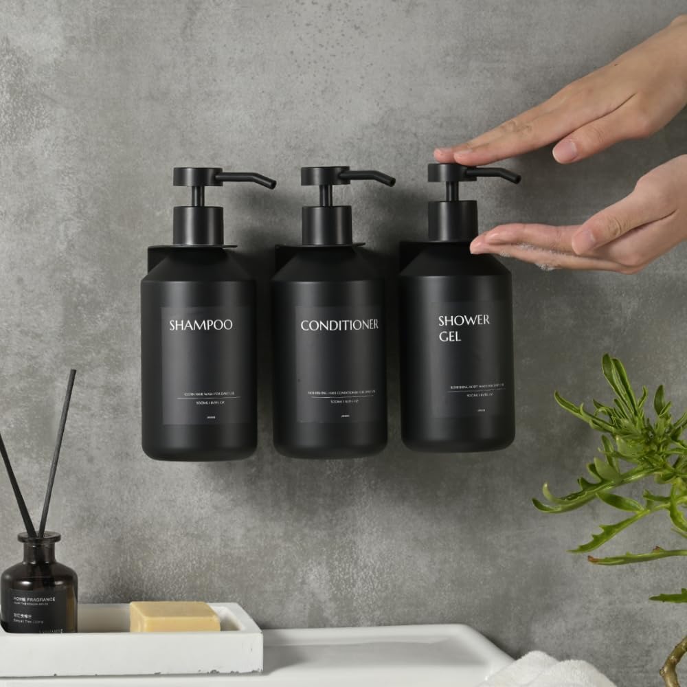 Shampoo and Conditioner Dispenser Set of 3 for Wall Mount | 16.9 fl oz Drill Free Shower Soap Bottles,Refillable Body Wash Dispensers for Bathroom Decor (Amber Bottles + Bamboo Pumps)