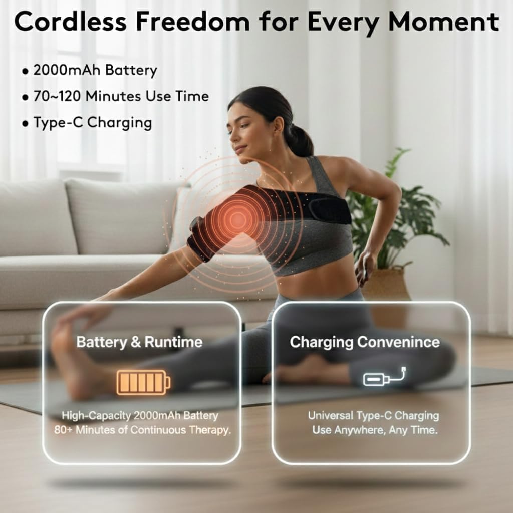 Cordless Shoulder Heating Pad with Vibration & Cold Gel Pack, Heat, Cool&Massage Support Wrap 6 Heat Level, 3 Vibration Mode, Adjustable Neoprene Shoulder Brace for Rotator Cuff Pain