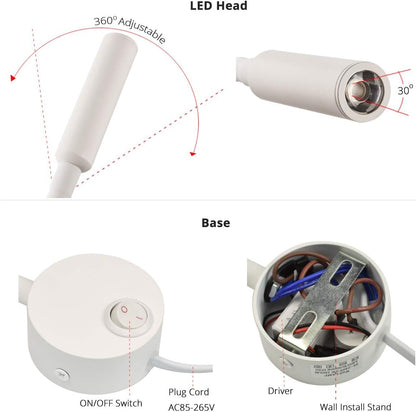 2-Pack Wall Mounted LED Reading Lamp Focused 25° Spotlight for Bedroom headboard Marine Cabin Boat Yacht Interior Light Hotel Suite Hospital Patient Room Bedside Sconce 4.92ft Cord
