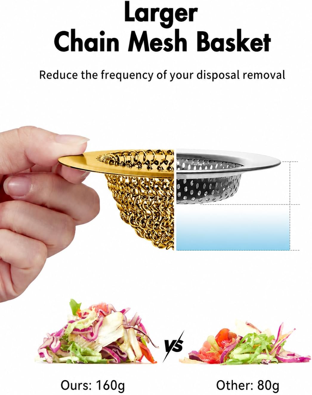 Kitchen Sink Drain Strainer,Patented Reversible Chain Mesh Basket Anti-Clog | Revolutionary Sink Strainer，Easy Clean，Fast Drainage，304 Stainless Steel Rust-Proof，4.4" Large Capacity Food Catcher，Handmade