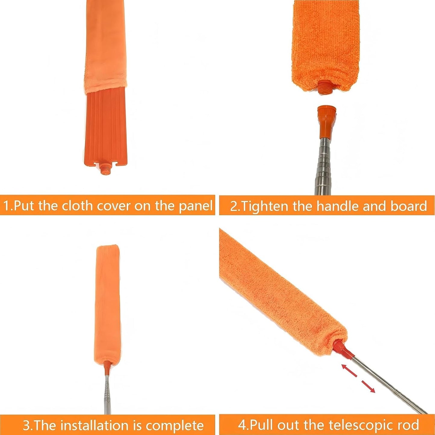 Gap Cleaning Duster, 110" Extendable Retractable Cleaning Tool with 3 Washable Microfiber Cloths, Under Appliance Fridge Furniture Duster for Home Cleaning (Orange)