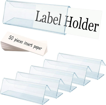 Shelf Label Holder, ELEMGULY 50 Pack Wood Shelf Label Holders Plastic Shelf Label Clip Clear Shelf Sign with 50 Pack Label Inserts for Home Office Library Shelves