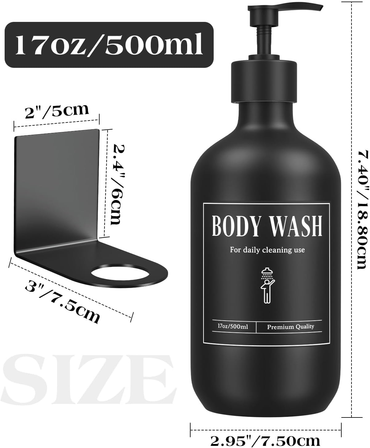 Luxspire 17oz Shampoo and Conditioner Dispenser 3 Sets for Bathroom, Black | Matte PET bottle, no-drill stainless bracket, detachable pump, dual wall/counter install with classification stickers