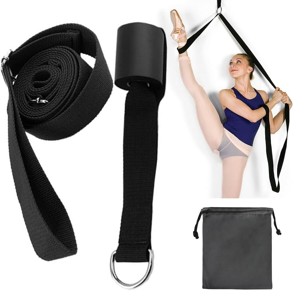 Over Door Ballet Leg Stretch Strap with Door Anchor, Black | Door Anchor Included, Metal Buckles And D-Rings, Storage Pouch, Splits And High Leg Stretches, Home Studio Gym Travel