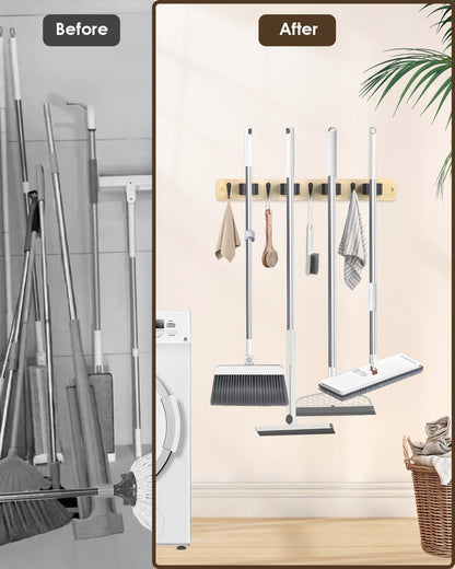 Broom Holder Wall Mount, 4 Holders 4 Hooks Mop and Broom Organizer | Mop Holder Wall Mount and Broom Hanger for Garage, Laundry Room, Kitchen and Utility Storage