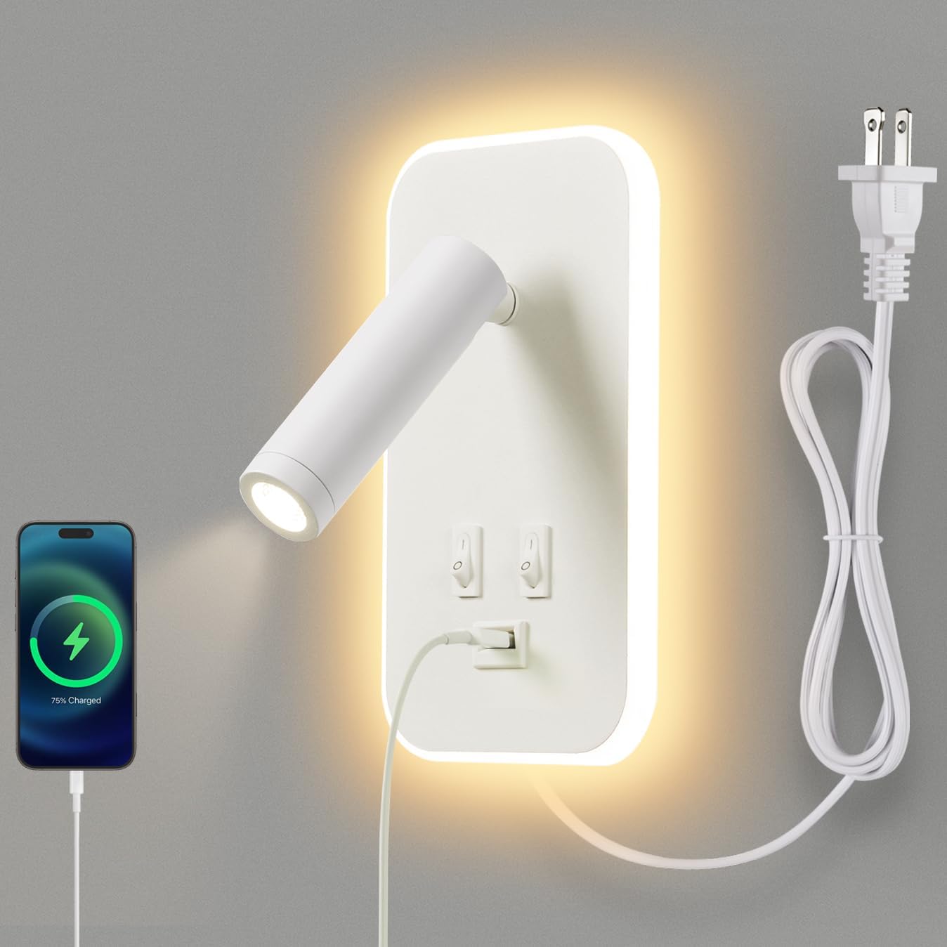 Wall Mounted LED Reading Light for Bed Headboard, Bedside Wall Sconces USB Charging, Night Light for Bedroom, Ambient Lighting Wall Mounted Sconce for Bedroom, Plug-in or Hardwired, Black