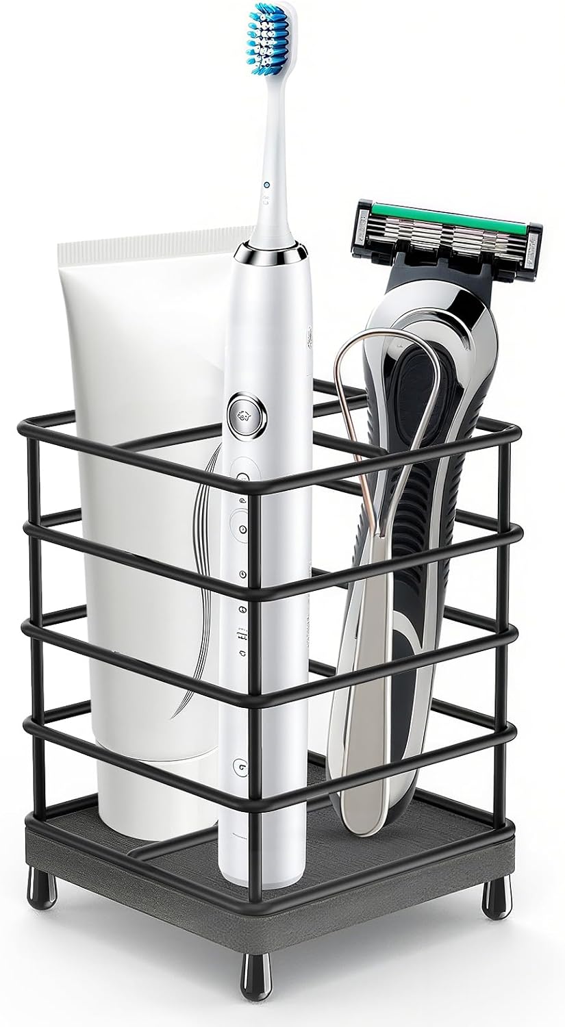 Toothbrush Holder with Quick Drying Mat—Toothbrush and Toothpaste Holders for Bathrooms—5 Slots Openwork Design Black Toothbrush Holder Set,Bathroom Counter Organizer for Electric Toothbrush