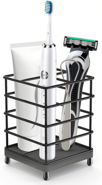 Toothbrush Holder with Quick Drying Mat—Toothbrush and Toothpaste Holders for Bathrooms—5 Slots Openwork Design Black Toothbrush Holder Set,Bathroom Counter Organizer for Electric Toothbrush