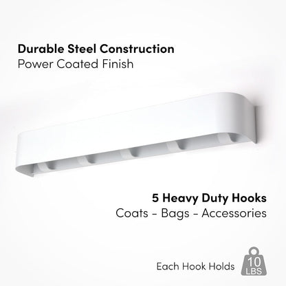 Modern Wall-Mounted Coat Rack with Shelf – Heavy-Duty Steel, 5 Sturdy Hooks, Powder-Coated Finish, Space-Saving Entryway Organizer with Mounting Hardware – Sleek & Minimalist Design (White)