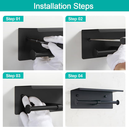 BGL Toilet Paper Holder with Shelf Matte Black, 304 Stainless Steel Wall Mount Toilet Tissue Roll Holder with Double Post for Bathroom, Commercial Toilet Paper Dispenser with Phone Shelf