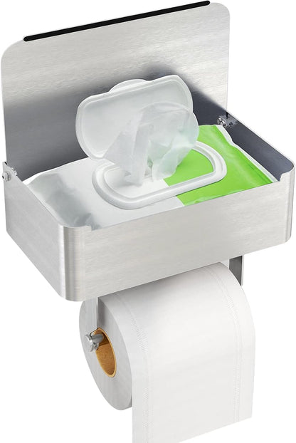 JUYSON Toilet Paper Holder with Shelf, Flushable Wipes Dispenser Fits for Bathroom Wipe Storage, Keep Your Wipes Hidden Out of Sight - SUS304 Stainless Steel Wall Mount Organizer (Matte Black)