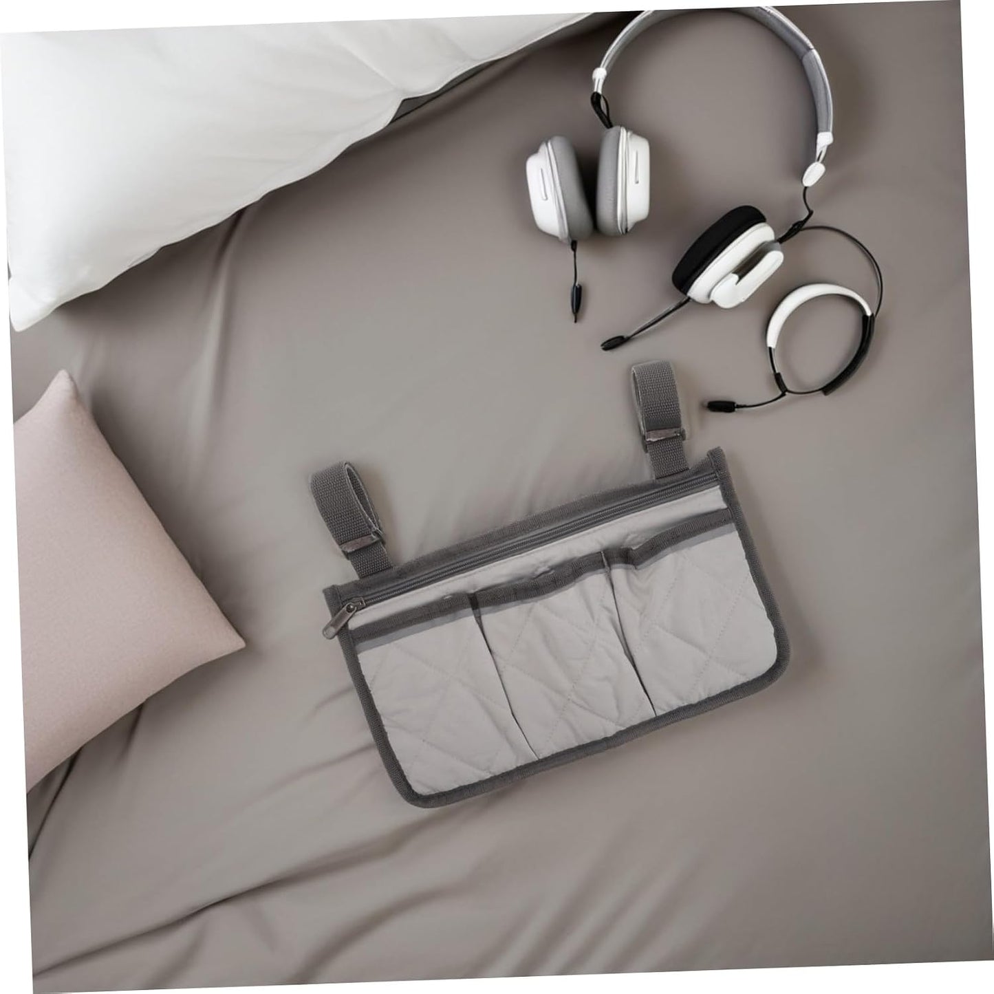 Bed Rail Organizer with 4 Pockets, Safety Bed Assist Rail Storage Bag with Cup Holder, Gray Bedside Caddy for Mobility Aid and Hospital Use