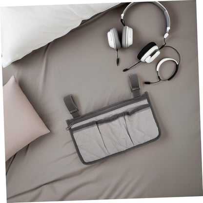 Bed Rail Organizer with 4 Pockets, Safety Bed Assist Rail Storage Bag with Cup Holder, Gray Bedside Caddy for Mobility Aid and Hospital Use