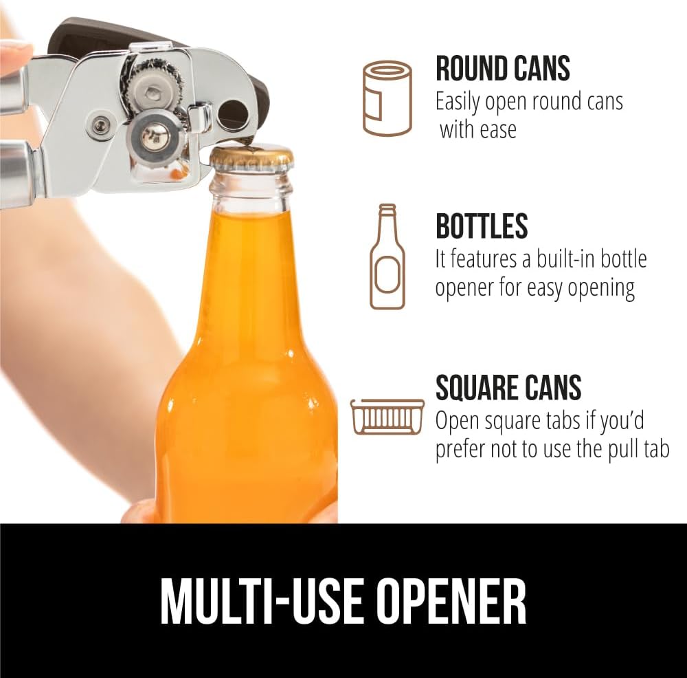 GORILLA GRIP Original Model Stainless Steel Smooth Edge Manual Can Opener and Bottle Openers, US Designed, Comfortable Handle, Oversized Handheld Turn Knob, Multifunctional Kitchen Tool, Gray