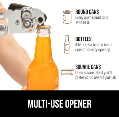 GORILLA GRIP Original Model Stainless Steel Smooth Edge Manual Can Opener and Bottle Openers, US Designed, Comfortable Handle, Oversized Handheld Turn Knob, Multifunctional Kitchen Tool, Gray