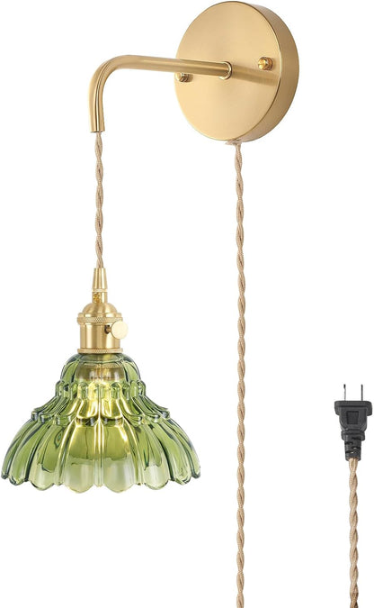 Shenmoyl Battery Operated Wall Sconce Wall Lamp with Green Lily of the Valley Shade Pattern Glass Adjustable Chain Retro Gold Wall Mounted Light, Modern Wall Lamp Fixtures Decor for Bedside Bedroom
