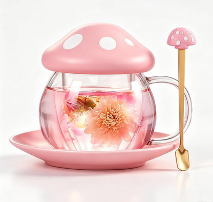 Mushroom Tea Cup Set, Cute Cups Glass Tea Cups with Infuser and Lid, Kawaii Teacup for Loose Leaf Tea Steeper, Coffee Mugs with Saucers, Blooming Tea, Tea Maker Gifts for Women Girls Birthday (Pink)