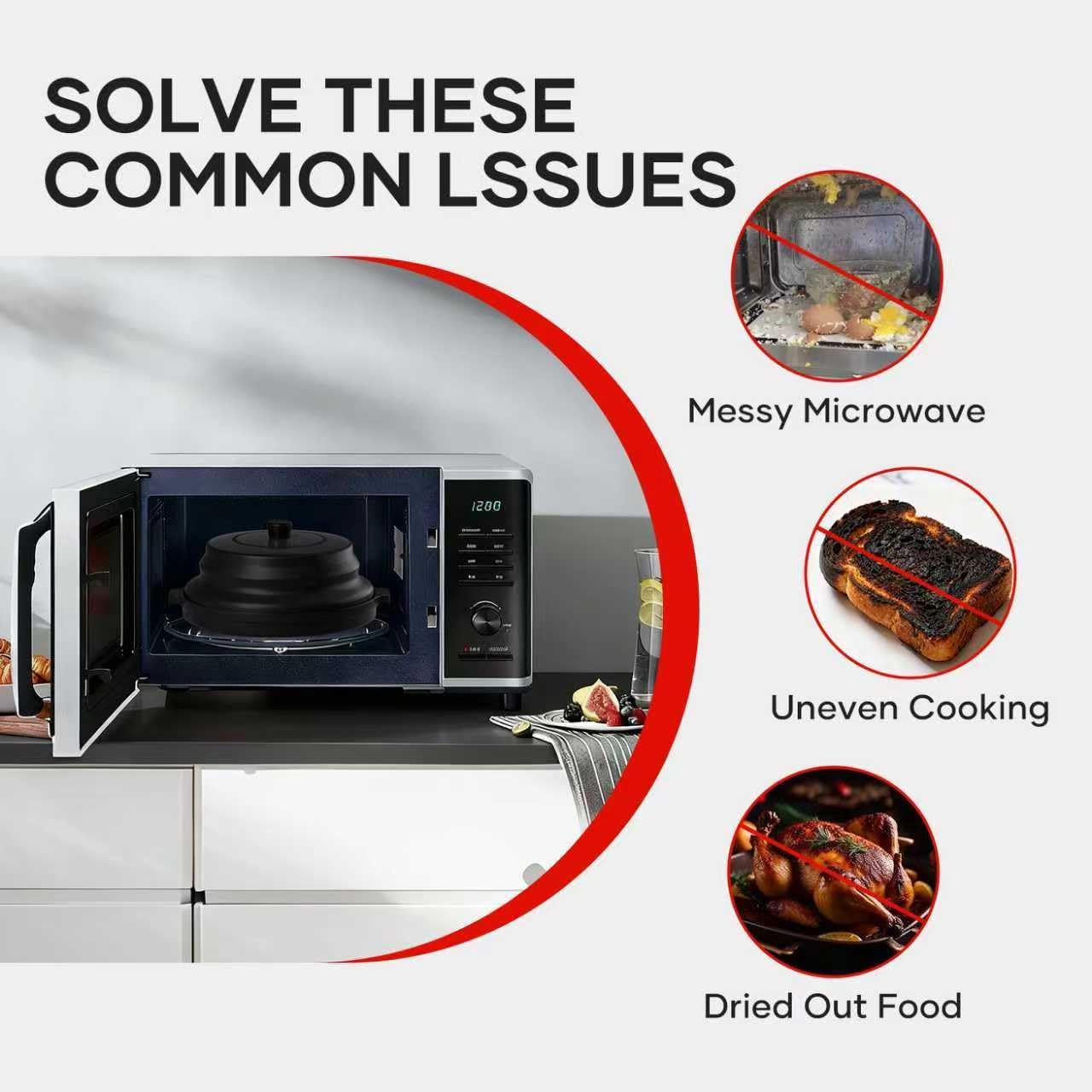 2 in 1 Microwave Splatter Cover for Food with Anti-scald Base Plate, Large Plastic & Silicone Collapsible Vented Food Guard Lid, Plate Holder & Kitchen Colander (Black)
