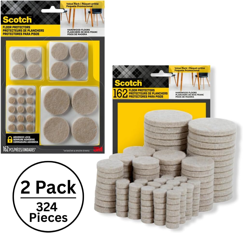 Scotch Felt Pads 162 PCS Beige, Felt Furniture Pads for Protecting Hardwood Floors, Round, Assorted Sizes Value Pack, Self-Stick design, Protecting from nicks, dents and scratches (SP845-NA)