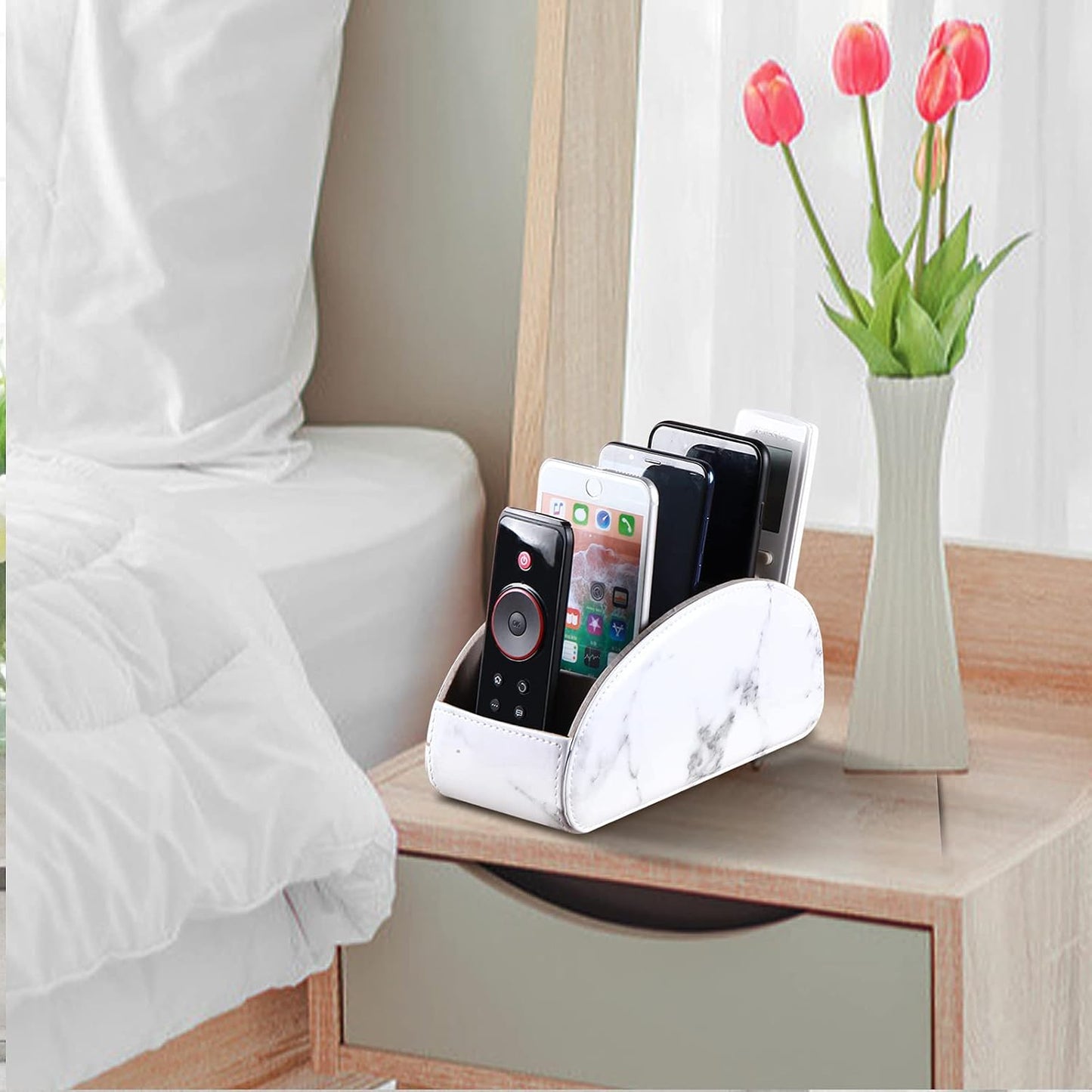 Pu Leather TV Remote Control Holder with 5 Compartments,Remote Caddy/Tray | Bedside Table Desk Storage Box/Organizer for Pen,DVD,Blu-Ray,Media Player,Heater Controller,Cosmetics,Glasses,Office Supplies