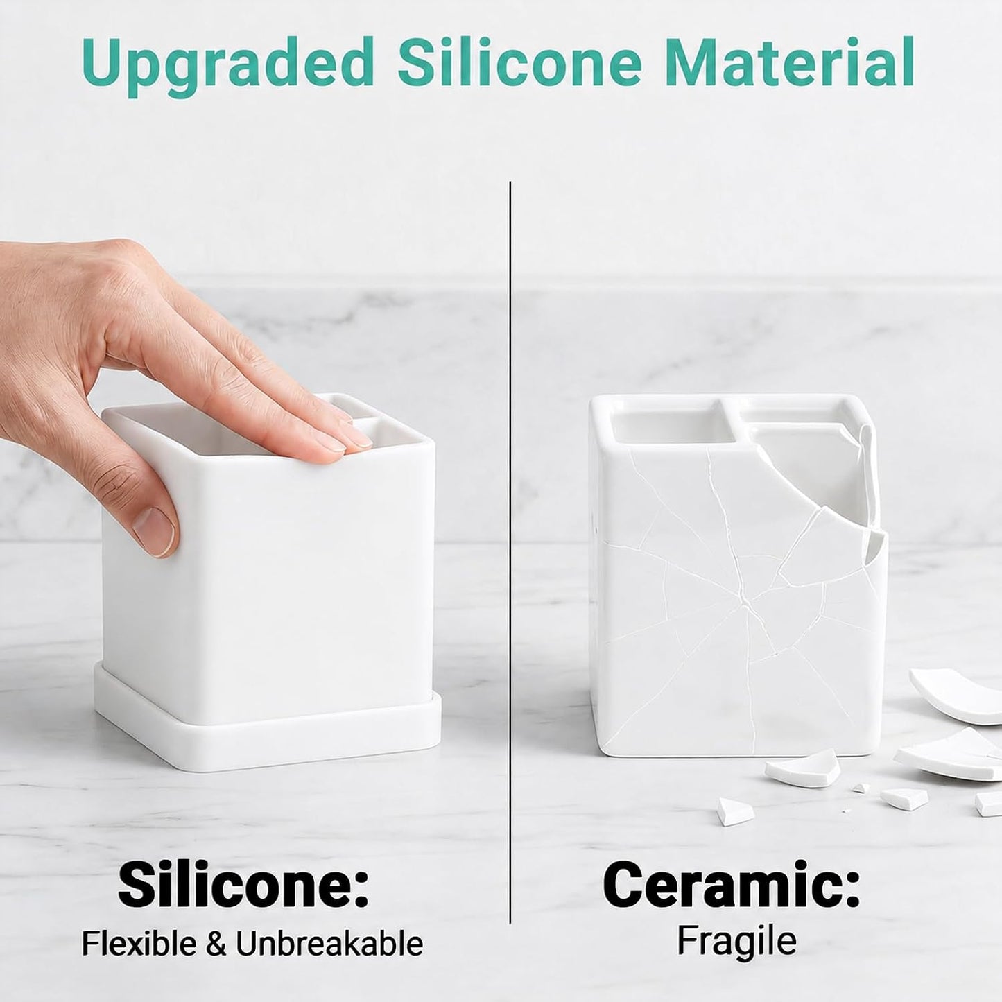 Silicone Toothbrush Holders for Bathrooms with Drainage Tray, White Marble | 3 Slots Unbreakable Countertop Electric Tooth Brush and Toothpaste Holder Organizer Stand, Marble Bathroom Accessories Decor
