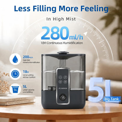 FLYMOON Top Fill 5L Cool Mist Humidifiers with 28dB | Tuya App & Touch Control, Auto-Off, 12H Timer, 50 Hour Runtime, Ultra-fine Mist, Ideal for Bedrooms
