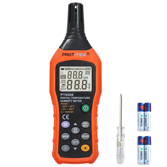 Digital Temperature Humidity Meter, Thermometer Hygrometer with Ambient Dew Point and Wet Bulb Temperature Indoor and Outdoor, Data Logger with Min/Max Hold, LCD Backlight, PT6508