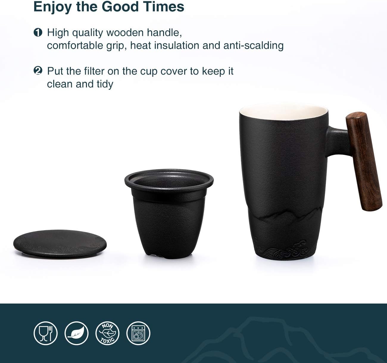 suyika Ceramic Tea Cup with Infuser and Lid Tea Mugs Wooden Handle 400ml/13.5oz Dark Green