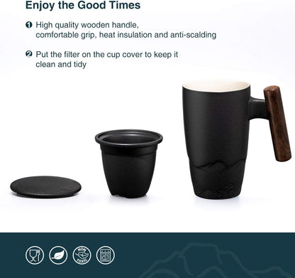 suyika Ceramic Tea Cup with Infuser and Lid Tea Mugs Wooden Handle 400ml/13.5oz Dark Green